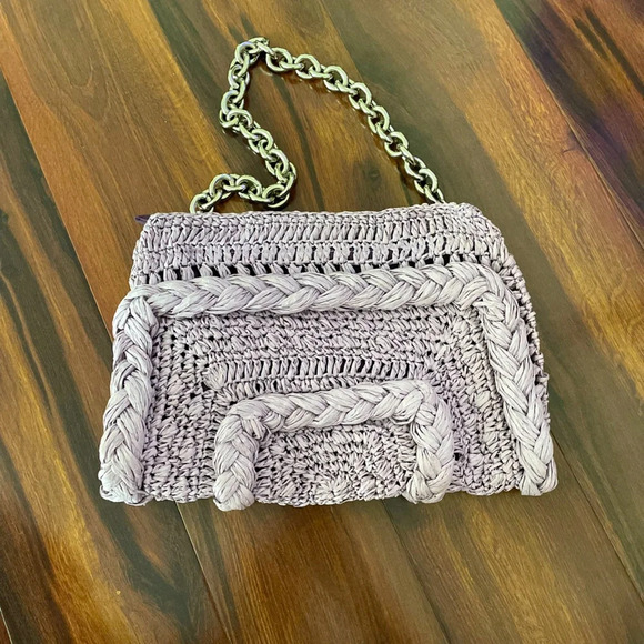 ZARA Lavender/Lilac Woven Straw Purse Silver Chain Shoulder Bag - Picture 2 of 12